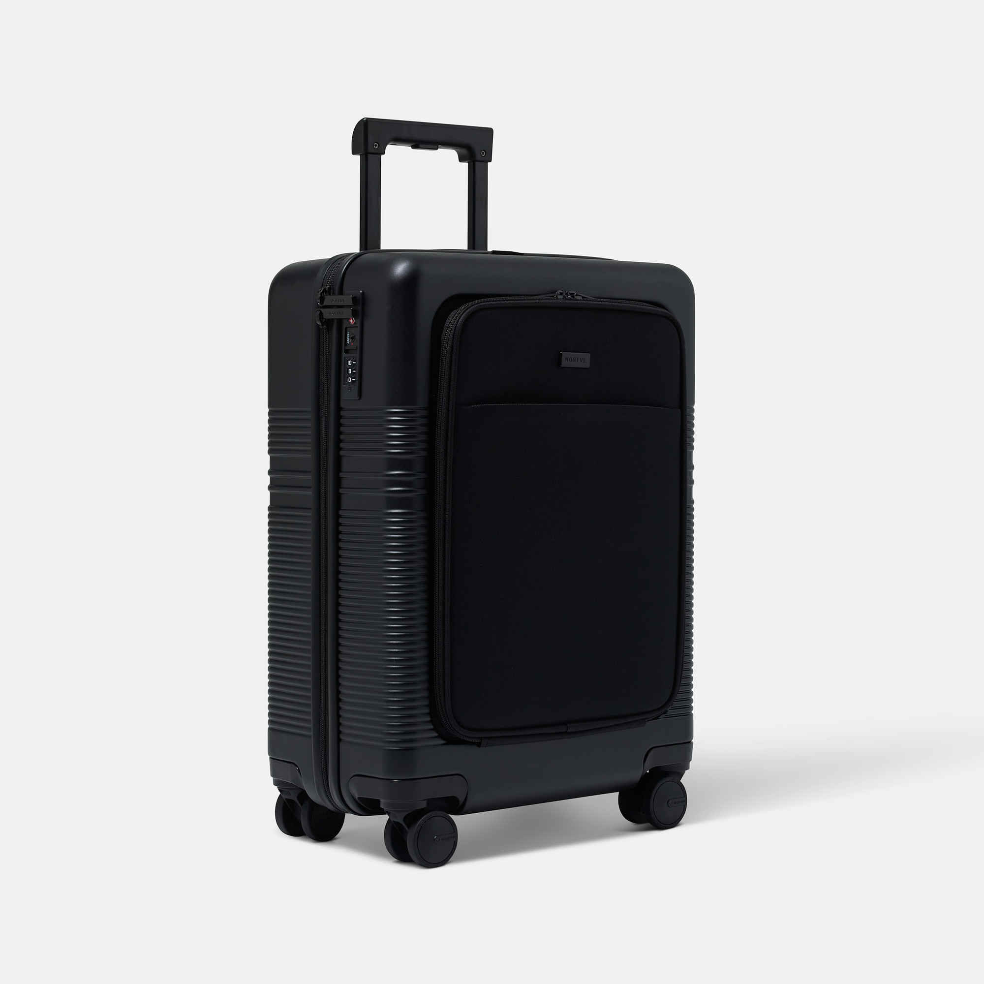 NORTVI sustainable design black suitcase with laptop compartment made of durable material. Perfect travel trolley to use as hand luggage.