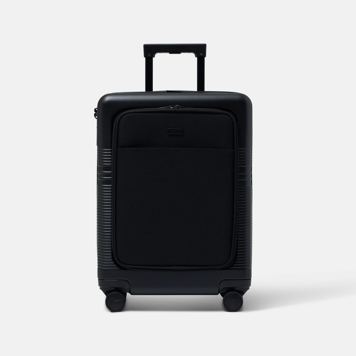 NORTVI sustainable design black suitcase with laptop compartment made of durable material. Perfect travel trolley to use as hand luggage.