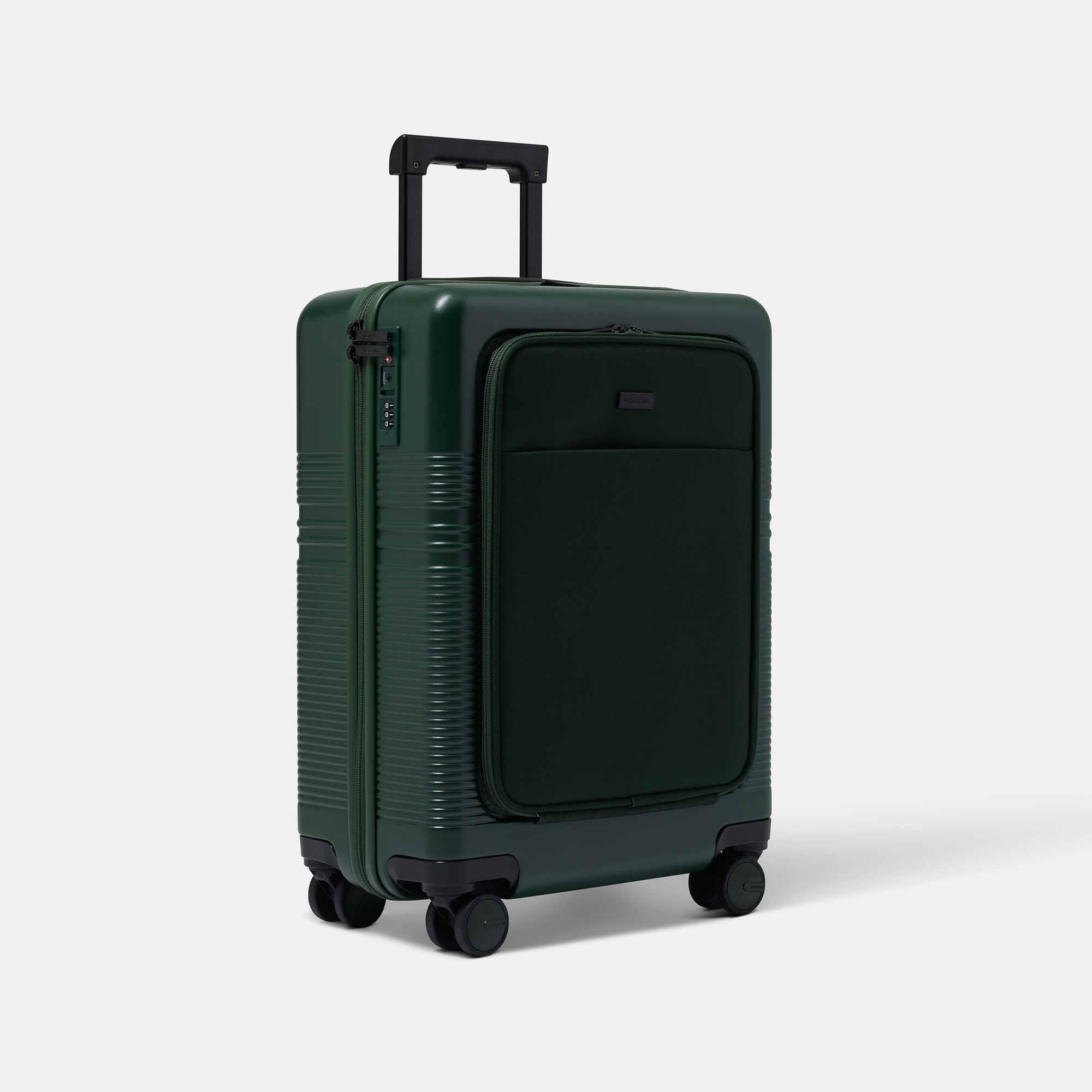 NORTVI sustainable design green suitcase with laptop compartment made of durable material. Perfect travel trolley to use as hand luggage.